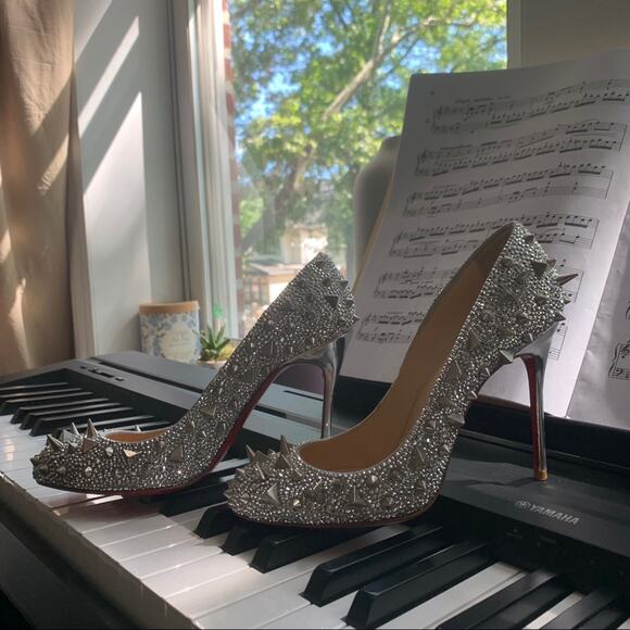 CHRISTIAN LOUBOUTIN/ Silver Crystal Strass Pot Pourri Fifi 100 Spike 36.5 Heels - Picture 1 of 16